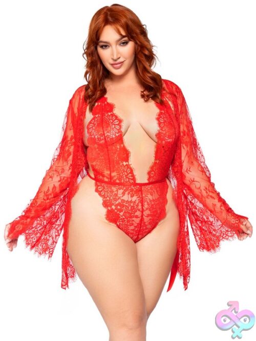 Plus Size 3 Pc Floral Lace Teddy Thong Back Lace Robe Scalloped Trim And Satin Tie