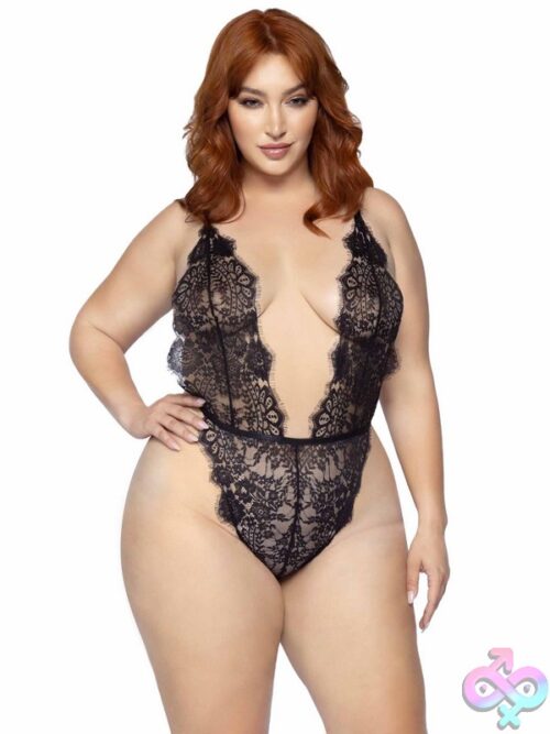 Plus Size 3 Pc Floral Lace Teddy Thong Back Lace Robe Scalloped Trim And Satin Tie