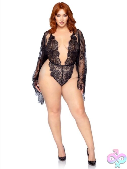 Plus Size 3 Pc Floral Lace Teddy Thong Back Lace Robe Scalloped Trim And Satin Tie