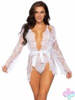 3 Piece Floral Lace Teddy Thong Back Lace Robe Scalloped Trim and Satin Tie