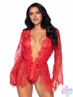 3 Piece Floral Lace Teddy Thong Back Lace Robe Scalloped Trim and Satin Tie
