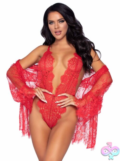 3 Piece Floral Lace Teddy Thong Back Lace Robe Scalloped Trim And Satin Tie