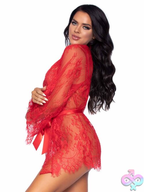 3 Piece Floral Lace Teddy Thong Back Lace Robe Scalloped Trim And Satin Tie