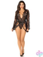 3 Piece Floral Lace Teddy Thong Back Lace Robe Scalloped Trim and Satin Tie