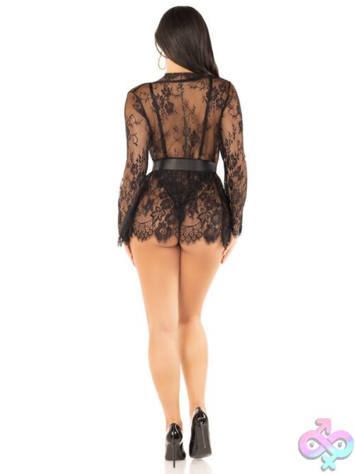 3 Piece Floral Lace Teddy Thong Back Lace Robe Scalloped Trim And Satin Tie