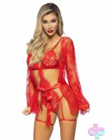 3 Piece Eyelash Lace Garter Teddy G String Back and Adjustable Straps Lace Robe and Ribbon Tie
