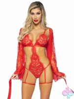 3 Piece Eyelash Lace Garter Teddy G String Back and Adjustable Straps Lace Robe and Ribbon Tie