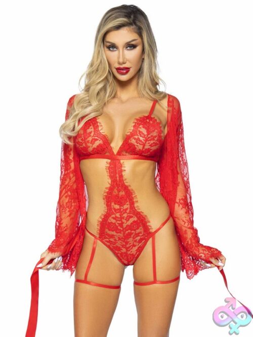 3 Piece Eyelash Lace Garter Teddy G String Back And Adjustable Straps Lace Robe And Ribbon Tie