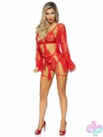 3 Piece Eyelash Lace Garter Teddy G String Back and Adjustable Straps Lace Robe and Ribbon Tie