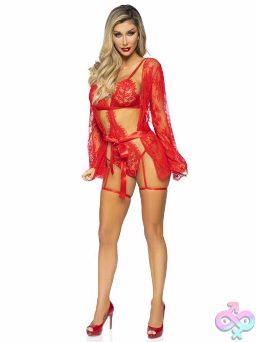 3 Piece Eyelash Lace Garter Teddy G String Back And Adjustable Straps Lace Robe And Ribbon Tie