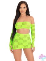 3 Piece Checkerboard Net and Opaque Bandeau Mini Skirt and Arm Warmers
