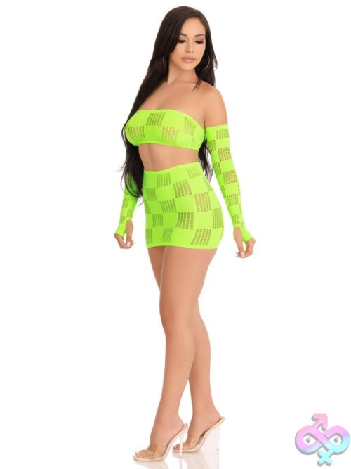 3 Piece Checkerboard Net And Opaque Bandeau Mini Skirt And Arm Warmers