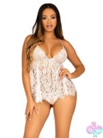 2 Piece Floral Lace Babydoll Eyelash Lace Scalloped Hem Adjustable Cross Over Straps and G String Panty