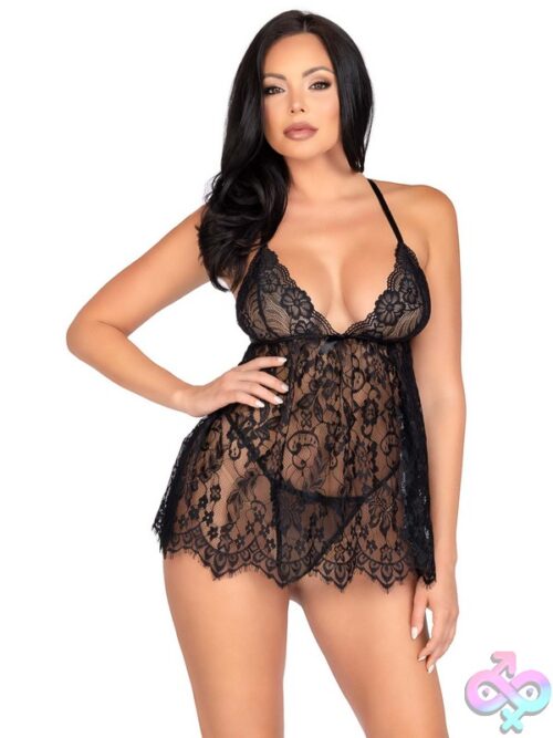 2 Piece Floral Lace Babydoll Eyelash Lace Scalloped Hem Adjustable Cross Over Straps And G String Panty