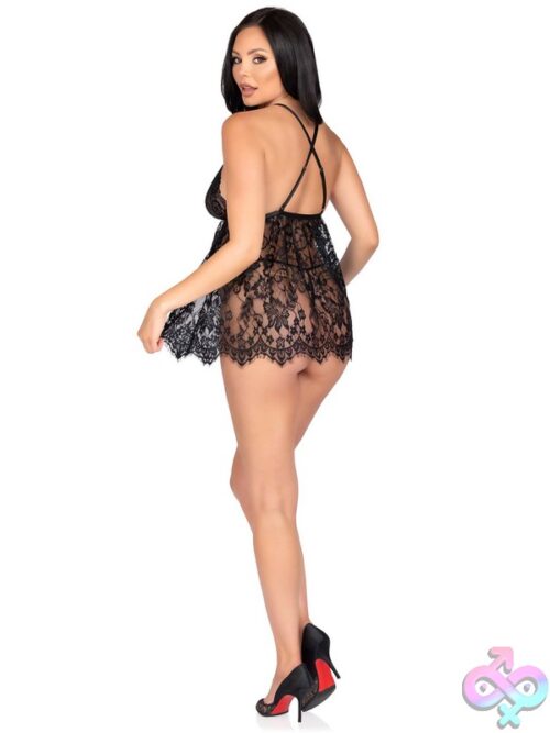 2 Piece Floral Lace Babydoll Eyelash Lace Scalloped Hem Adjustable Cross Over Straps And G String Panty