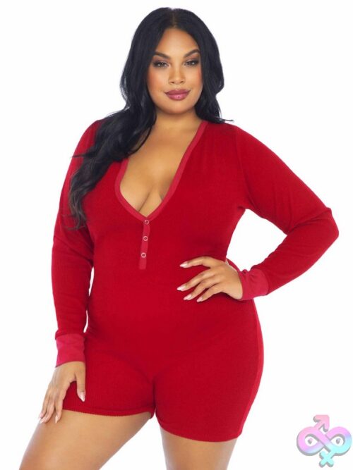 Plus Size Brushed Rib Romper Long Johns Cheeky Snap Closure Back Flap
