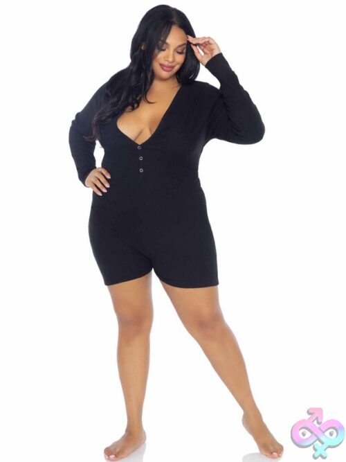 Plus Size Brushed Rib Romper Long Johns Cheeky Snap Closure Back Flap