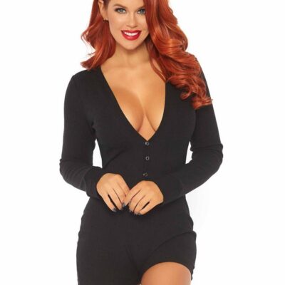 Brushed rib romper long johns cheeky snap closure back flap by Leg Avenue