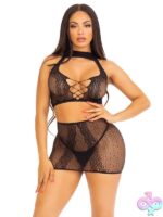 Dotted net and lace halter crop top and open back mini skirt by Leg Avenue — two-piece lingerie set