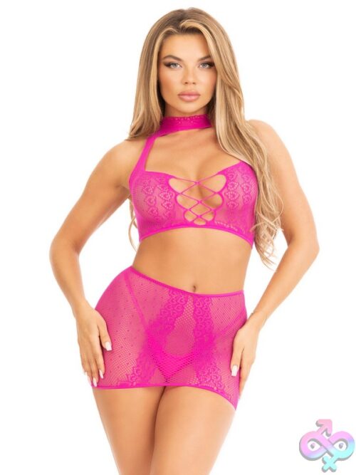 2 Piece Dotted Net And Lace Halter Crop Top And Open Back Mini Skirt