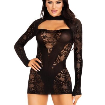 Gloved Sleeves Lace Mini Dress with Opaque Panel Detailing by Leg Avenue