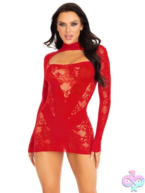 Lace Mini Dress Opaque Panel Detailing And Gloved Sleeves