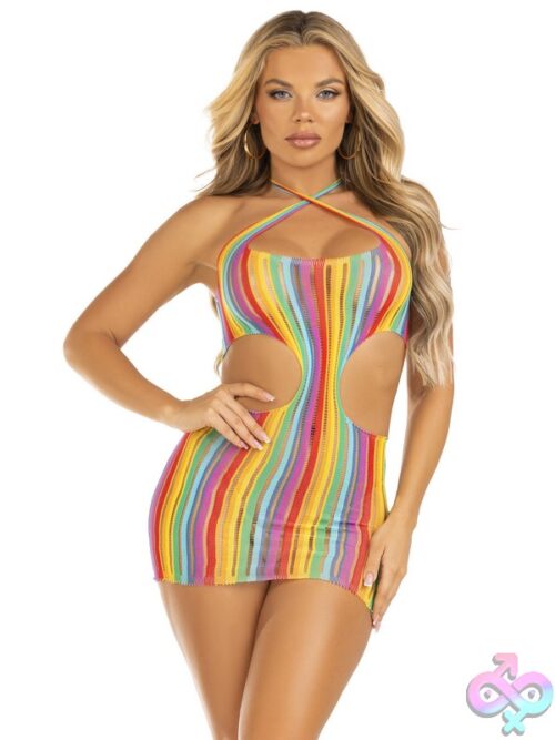 Rainbow Striped Cross Over Halter Mini Dress