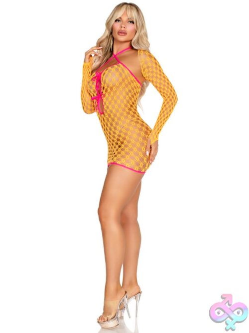 2 Piece Eyelet Net Mini Dress Tie Front Keyhole Detail And Shrug