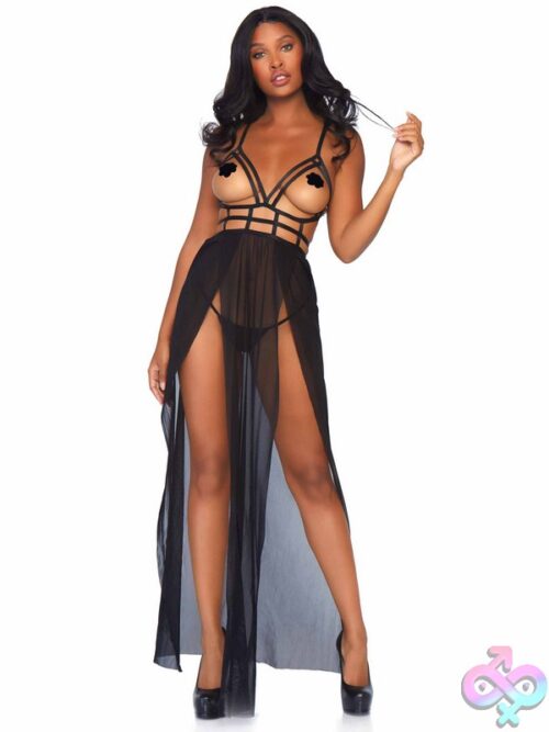 2 Piece Cage Strap Open Bodice Maxi Dress And G String Panty