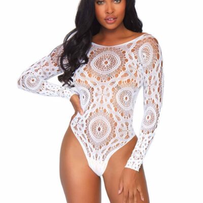 Crochet Lace Long Sleeved Snap Crotch Thong Back Teddy by Leg Avenue