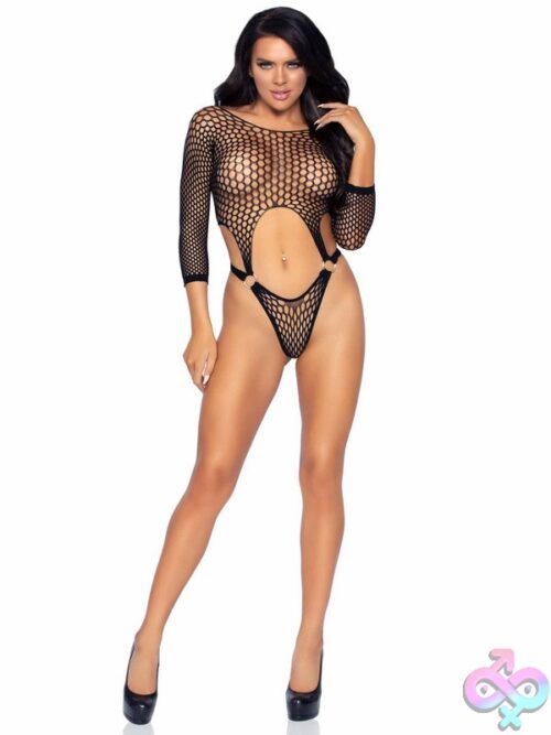 Long Sleeved Thong Back Pothole Net Bodysuit O Ring Detail