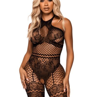 Crotchless Lingerie Jumpsuit Illusion Lace Detail by Leg Avenue — seamless industrial net bodysuit