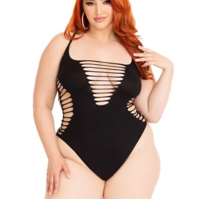Thong Bodysuit Plus Size Seamless Shredded Racer Back by Leg Avenue