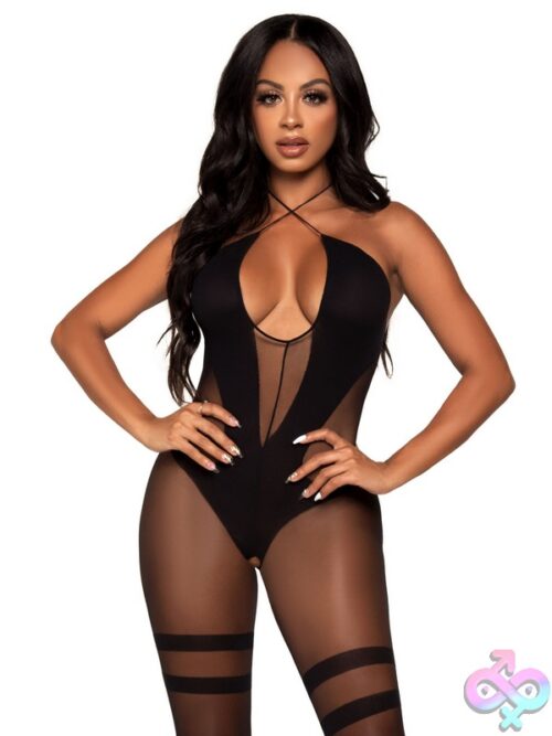 Halter Opaque And Sheer Crotchless Lingerie Jumpsuit