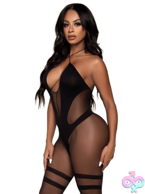Halter Opaque And Sheer Crotchless Lingerie Jumpsuit