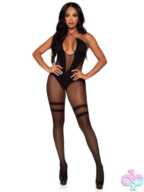 Halter Opaque And Sheer Crotchless Lingerie Jumpsuit