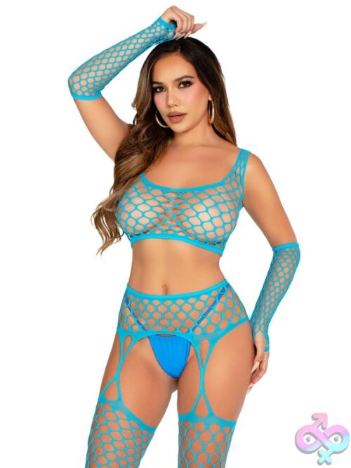 3 Piece Net Crop Top Garter Stockings And Fingerless Gloves