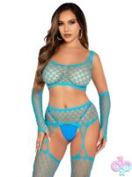 3 Piece Net Crop Top Garter Stockings and Fingerless Gloves