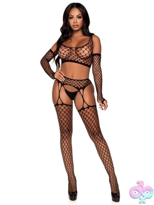 3 Piece Net Crop Top Garter Stockings And Fingerless Gloves