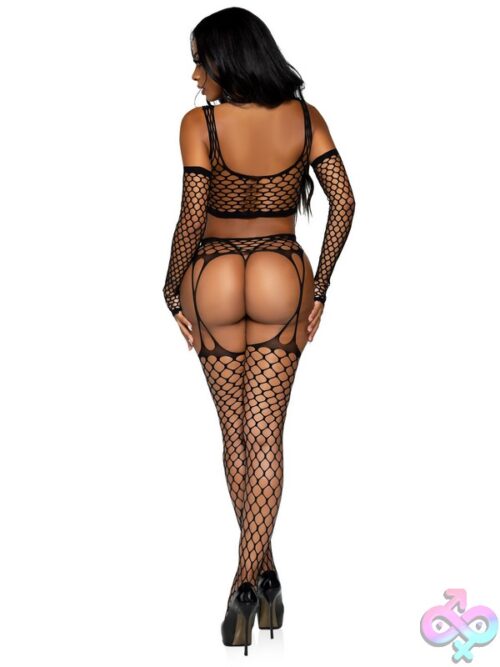 3 Piece Net Crop Top Garter Stockings And Fingerless Gloves