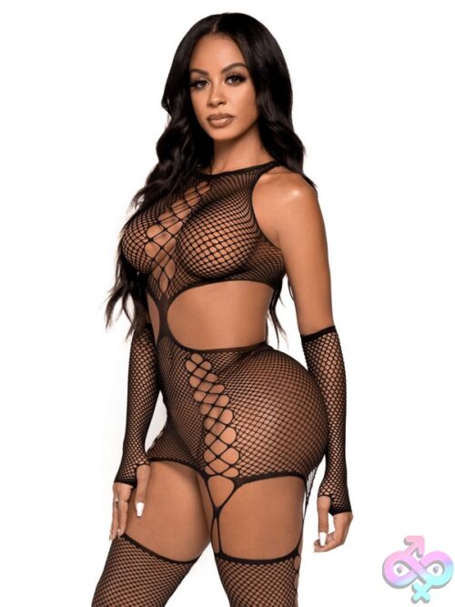 2 Piece Net Cut Out Faux Lace Up Garter Dress Attached Stockings And Matching Gloves