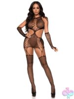 2 Piece Net Cut Out Faux Lace Up Garter Dress Attached Stockings and Matching Gloves