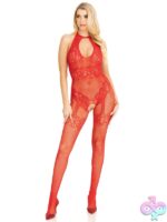 Rhinestone Net Crotchless Lingerie Jumpsuit Lace Illusion Detail