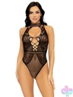 Net and Lace Keyhole Halter Bodysuit by Leg Avenue — sultry lace silhouette boudoir style