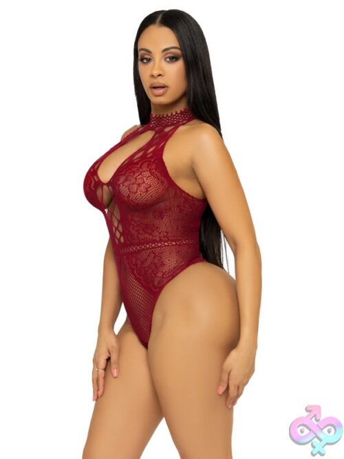 Net And Lace Keyhole Halter Bodysuit