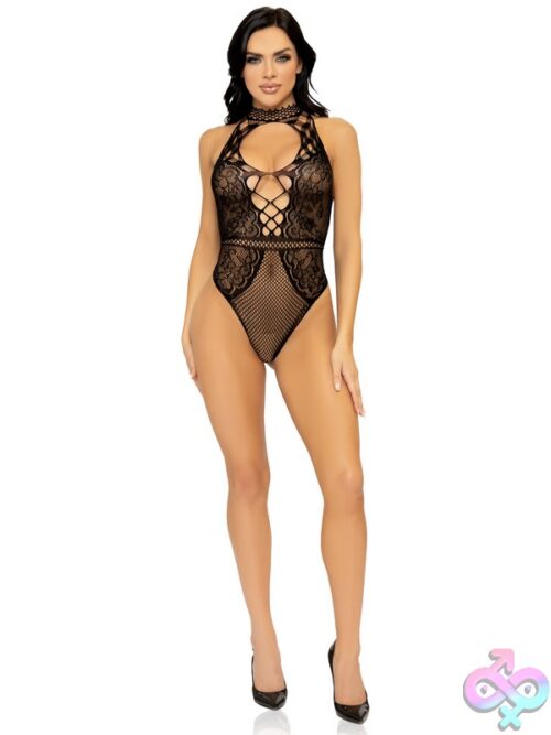 Net And Lace Keyhole Halter Bodysuit