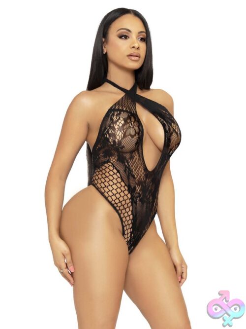 Lace And Net Keyhole Crossover Halter Teddy