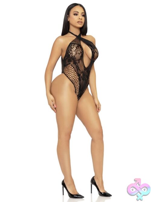 Lace And Net Keyhole Crossover Halter Teddy