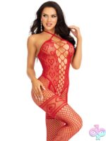 Halter Heart Net Crotchless Lingerie Jumpsuit Leg Garter Detail