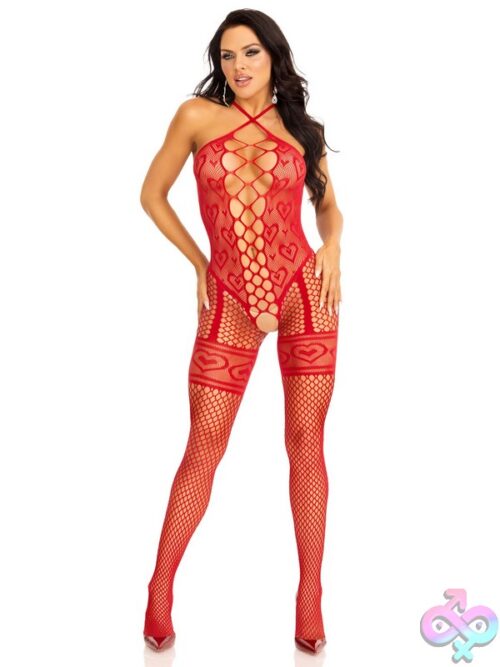 Halter Heart Net Crotchless Lingerie Jumpsuit Leg Garter Detail